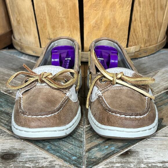 Sperry Angelfish Tan Gold Leather Canvas Lace-Up Boat Shoes Womens Size 5 - Picture 4 of 11